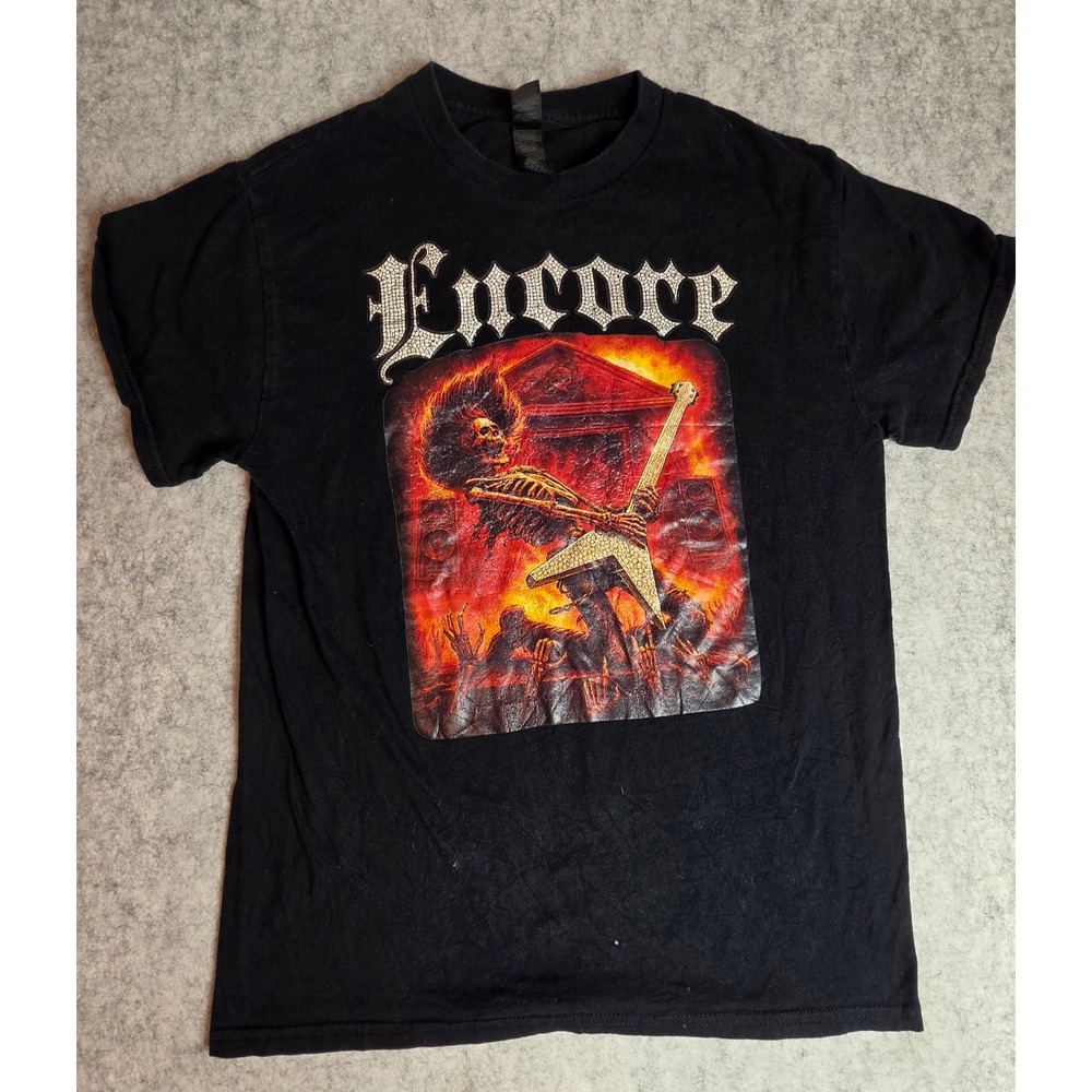 Encore Skeleton Guitar Fire Graphic T-Shirt Black Small Heavy Metal Gothic Y2K